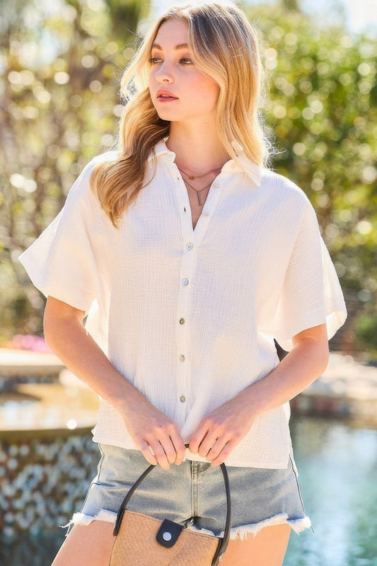 FABLICKS | Collar Neck Button Down Sides Slit Oversized Solid Shirt Top